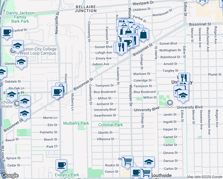 map of restaurants, bars, coffee shops, grocery stores, and more near 4111 Rice Boulevard in West University Place