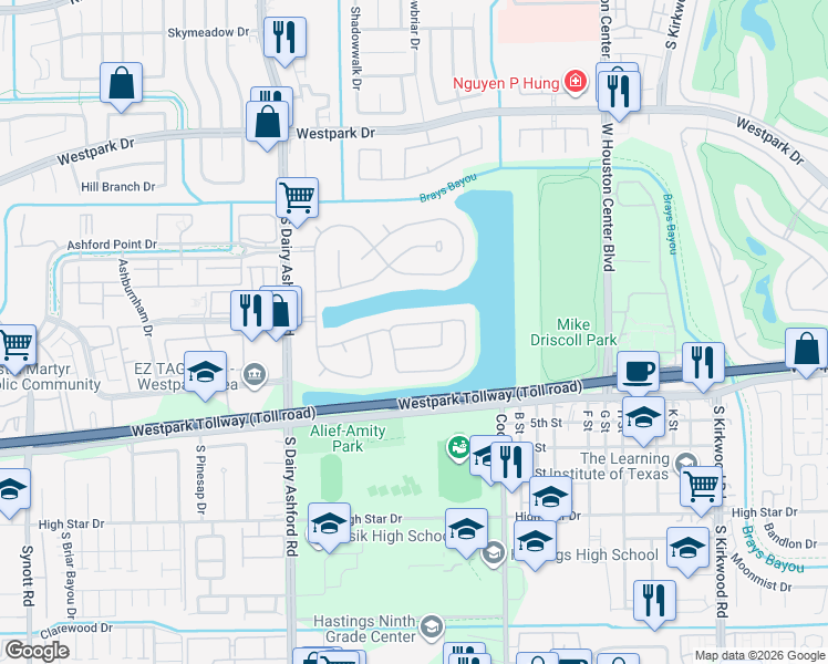 map of restaurants, bars, coffee shops, grocery stores, and more near 12319 Shadow Green Drive in Houston