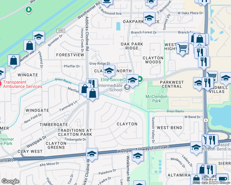 map of restaurants, bars, coffee shops, grocery stores, and more near 15035 Westpark Drive in Houston