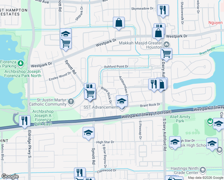 map of restaurants, bars, coffee shops, grocery stores, and more near 12906 Brant Rock Drive in Houston
