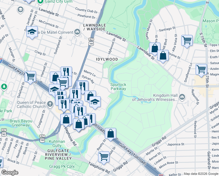 map of restaurants, bars, coffee shops, grocery stores, and more near 1954 North MacGregor Way in Houston
