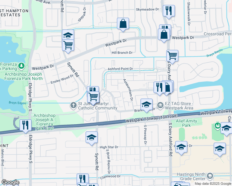 map of restaurants, bars, coffee shops, grocery stores, and more near 12804 Rocco's Trail in Houston