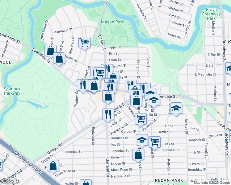 map of restaurants, bars, coffee shops, grocery stores, and more near 825 South 75th Street in Houston