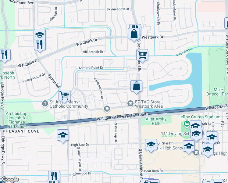 map of restaurants, bars, coffee shops, grocery stores, and more near 19 Medfield Drive in Houston