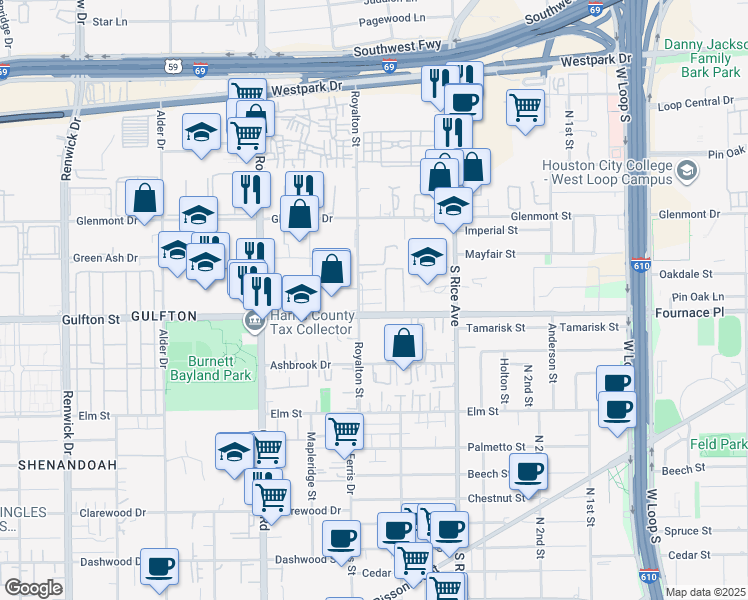map of restaurants, bars, coffee shops, grocery stores, and more near 5302 Gulfton Street in Houston