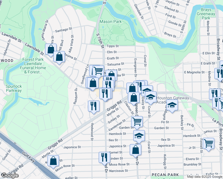 map of restaurants, bars, coffee shops, grocery stores, and more near 825 South 75th Street in Houston