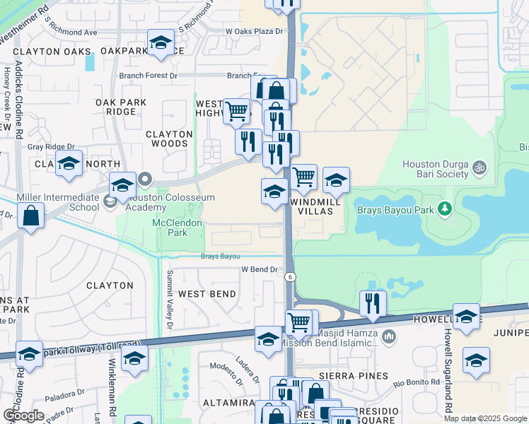 map of restaurants, bars, coffee shops, grocery stores, and more near 3710 South Texas 6 in Houston