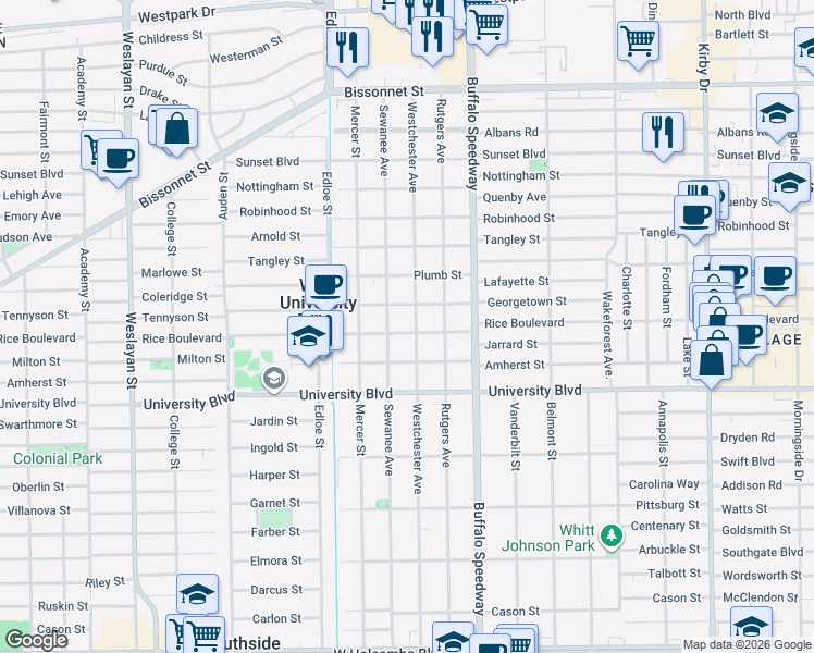 map of restaurants, bars, coffee shops, grocery stores, and more near 3401 Rice Boulevard in Houston
