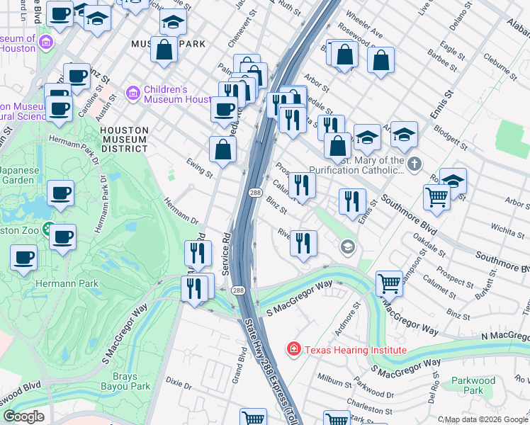 map of restaurants, bars, coffee shops, grocery stores, and more near 2417 North Mac Gregor Drive in Houston