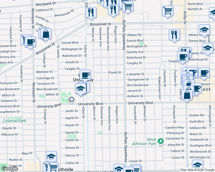 map of restaurants, bars, coffee shops, grocery stores, and more near 3401 Rice Boulevard in Houston
