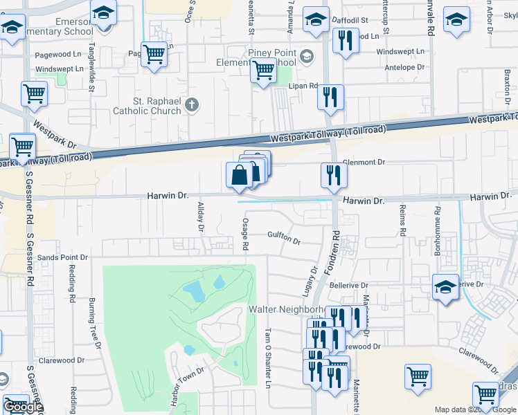map of restaurants, bars, coffee shops, grocery stores, and more near 7907 Prestwood Drive in Houston