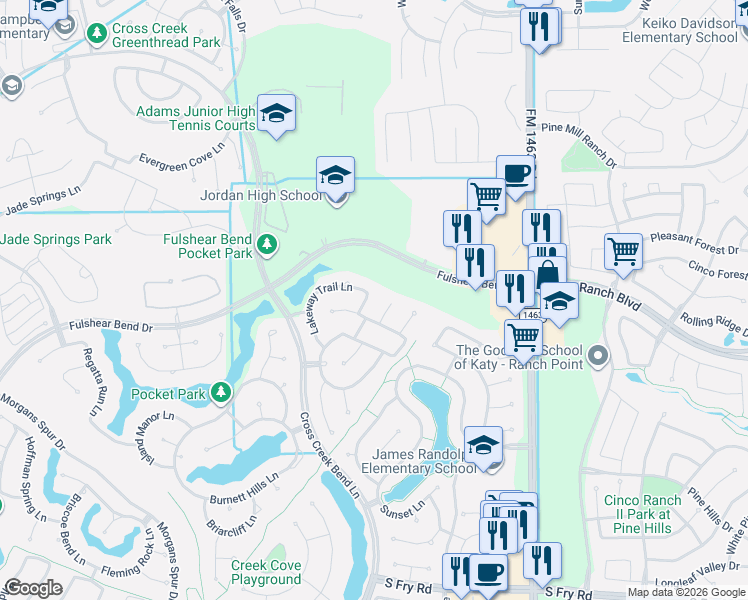 map of restaurants, bars, coffee shops, grocery stores, and more near 4926 Cibolo Creek Lane in Fulshear