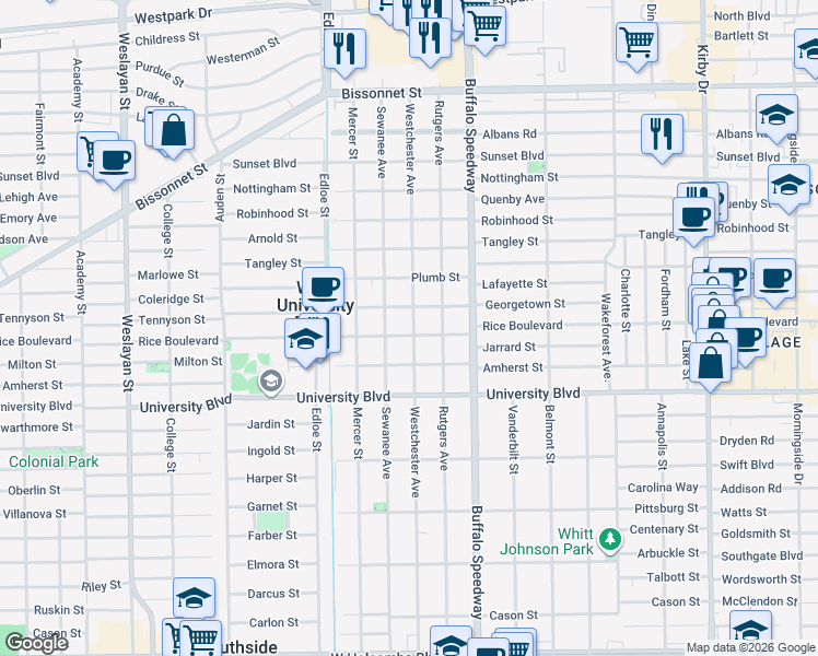 map of restaurants, bars, coffee shops, grocery stores, and more near 3401 Rice Boulevard in Houston
