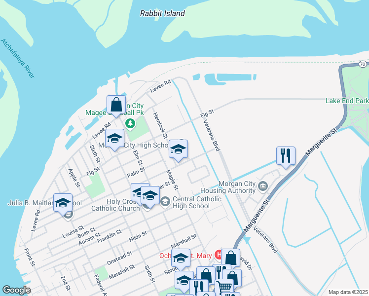map of restaurants, bars, coffee shops, grocery stores, and more near 2400 Tiger Drive in Morgan City