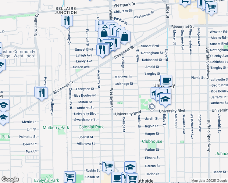 map of restaurants, bars, coffee shops, grocery stores, and more near 3919 Coleridge Street in Houston
