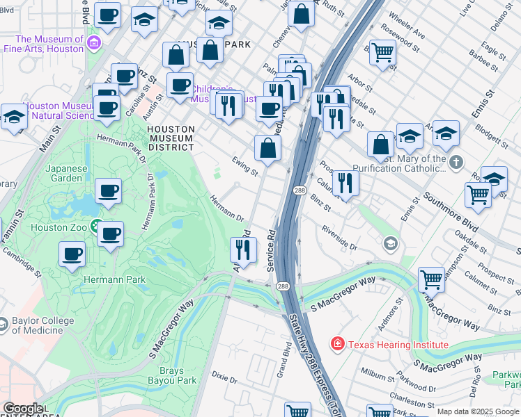 map of restaurants, bars, coffee shops, grocery stores, and more near 2204 Hermann Drive in Houston
