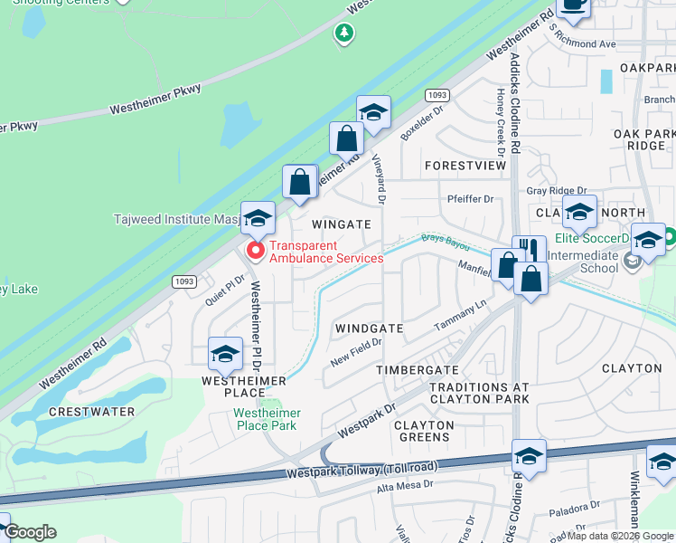 map of restaurants, bars, coffee shops, grocery stores, and more near 16102 Ridgegreen Drive in Houston