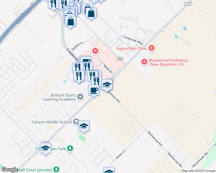 map of restaurants, bars, coffee shops, grocery stores, and more near 719 Barbarosa Road in New Braunfels
