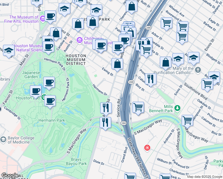 map of restaurants, bars, coffee shops, grocery stores, and more near 2000 Ewing Street in Houston