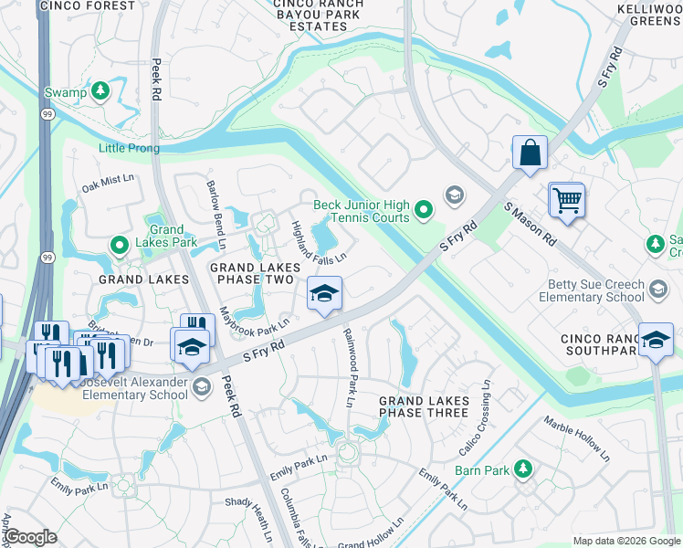 map of restaurants, bars, coffee shops, grocery stores, and more near 5418 Highland Falls Lane in Katy