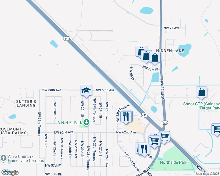 map of restaurants, bars, coffee shops, grocery stores, and more near 2646 Northwest 68th Avenue in Gainesville