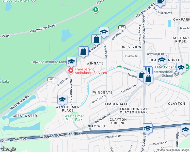 map of restaurants, bars, coffee shops, grocery stores, and more near 16102 Ridgegreen Drive in Houston