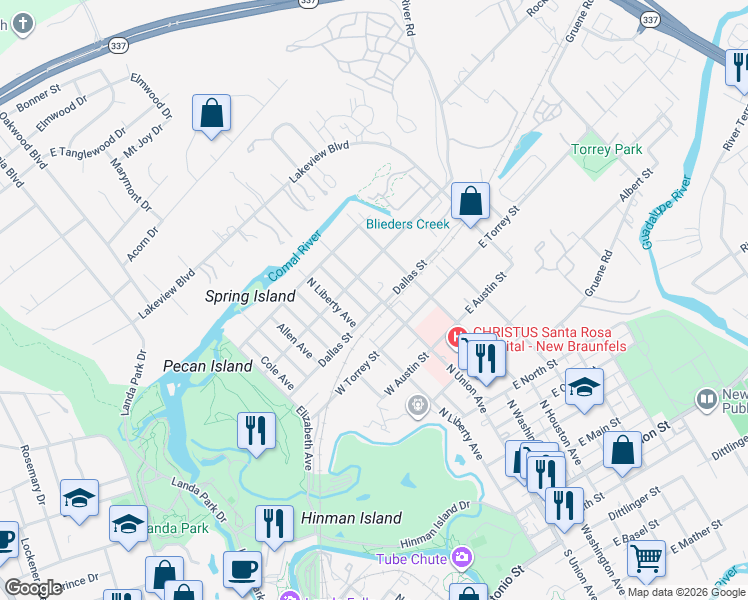 map of restaurants, bars, coffee shops, grocery stores, and more near 959 North Union Avenue in New Braunfels