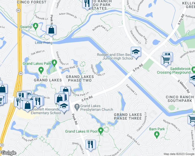 map of restaurants, bars, coffee shops, grocery stores, and more near Windy Bay Lane in Katy