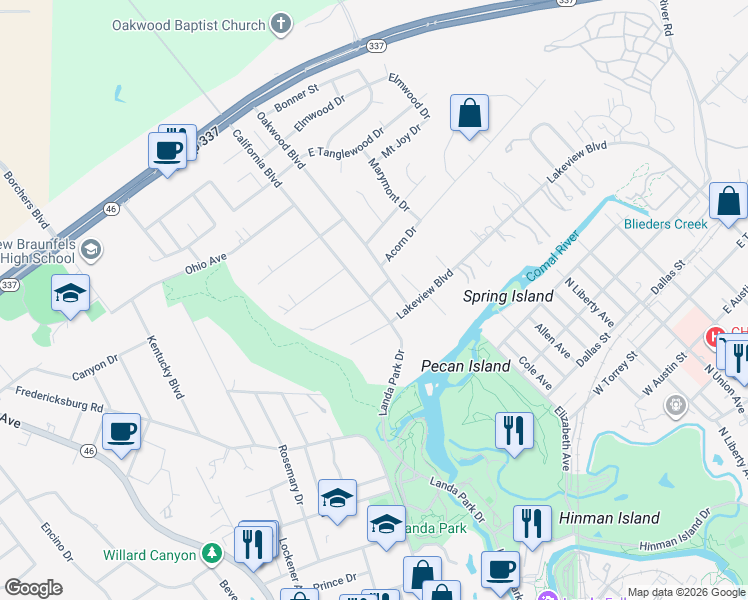 map of restaurants, bars, coffee shops, grocery stores, and more near 210 Texas Avenue in New Braunfels