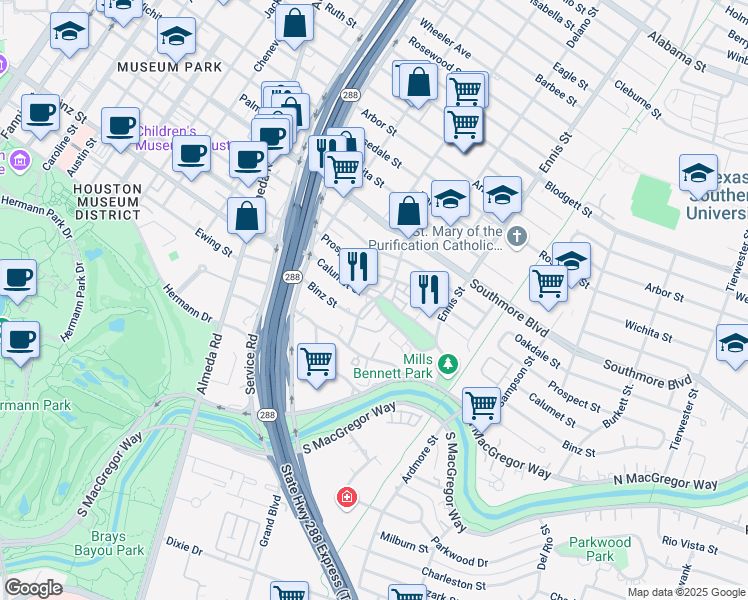 map of restaurants, bars, coffee shops, grocery stores, and more near Live Oak Street & Calumet Street in Houston