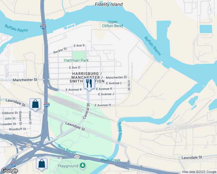 map of restaurants, bars, coffee shops, grocery stores, and more near 9517 East Avenue L in Houston