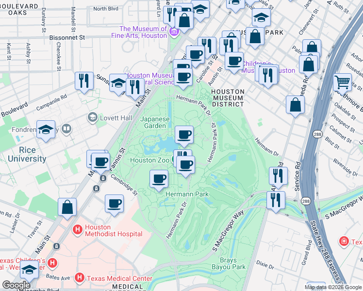 map of restaurants, bars, coffee shops, grocery stores, and more near 6104 Hermann Park Drive in Houston
