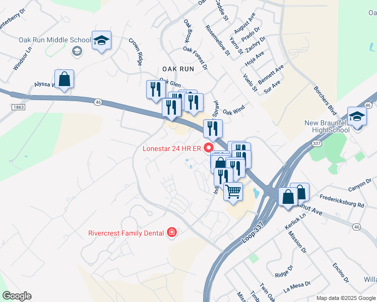 map of restaurants, bars, coffee shops, grocery stores, and more near 2748 Morning Star in New Braunfels