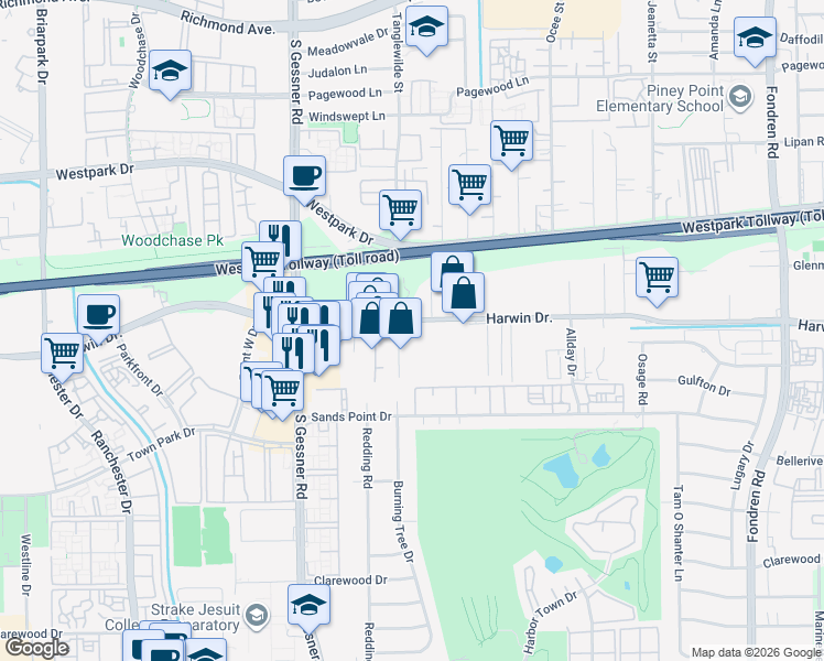 map of restaurants, bars, coffee shops, grocery stores, and more near 9761-9799 Harwin Drive in Houston
