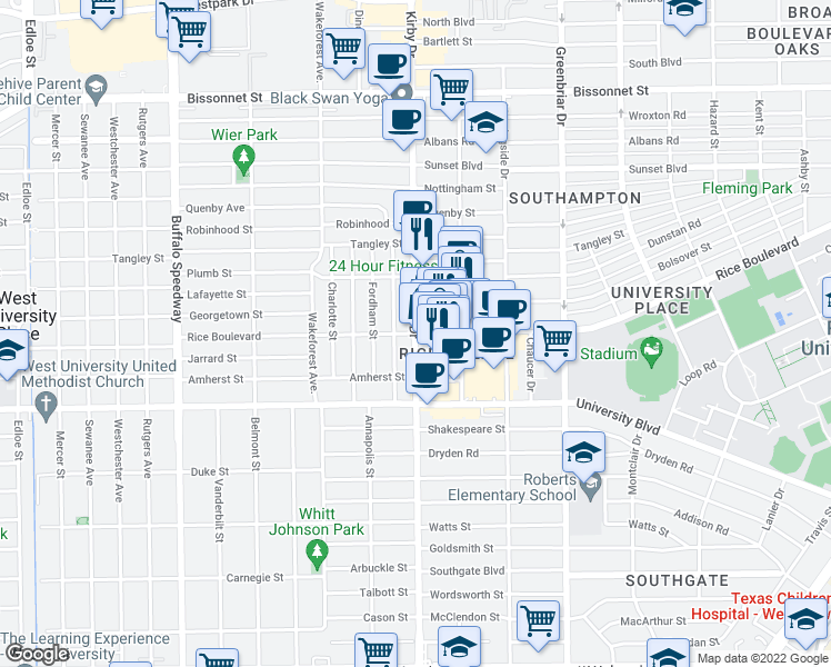 map of restaurants, bars, coffee shops, grocery stores, and more near Kirby Dr & Rice Blvd in Houston