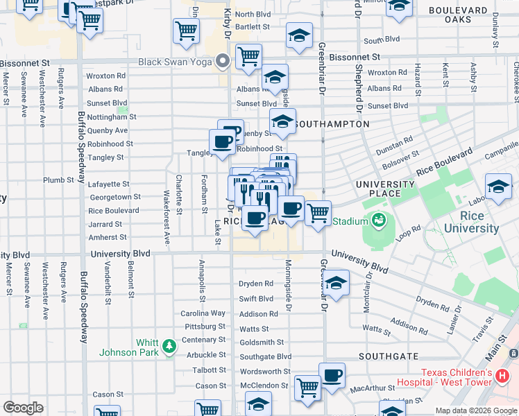 map of restaurants, bars, coffee shops, grocery stores, and more near Rice Boulevard & Kelvin Drive in Houston