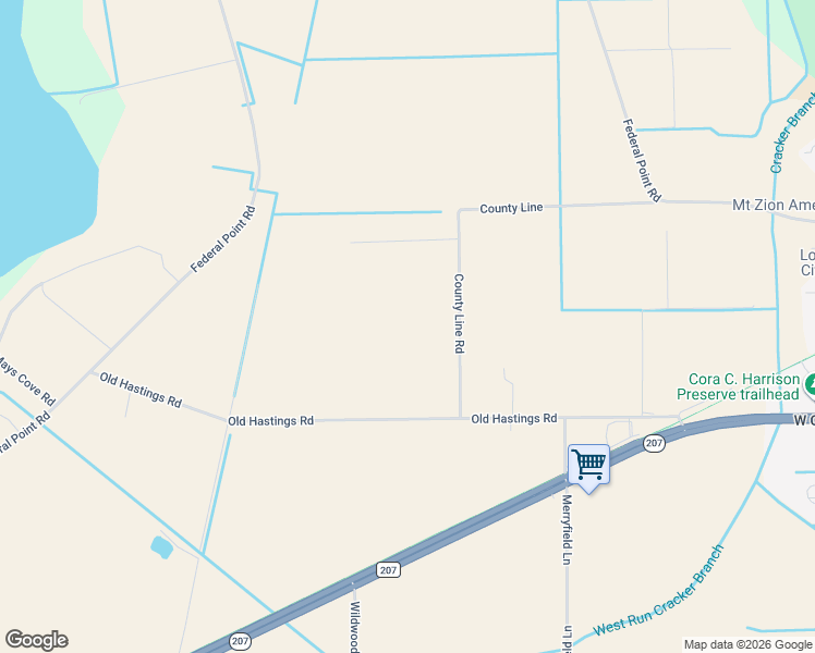 map of restaurants, bars, coffee shops, grocery stores, and more near 760 County Line Road in East Palatka