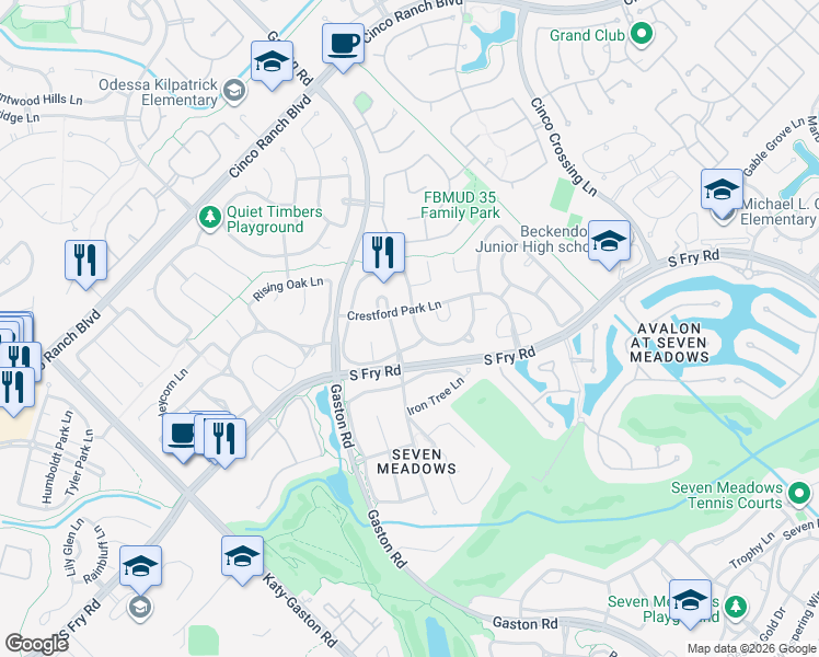 map of restaurants, bars, coffee shops, grocery stores, and more near 5502 Everhart Manor Lane in Katy