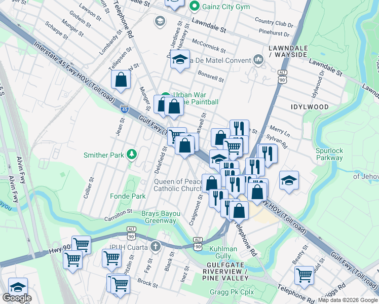 map of restaurants, bars, coffee shops, grocery stores, and more near Gulf Fwy in Houston