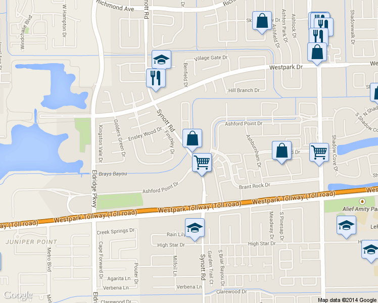 map of restaurants, bars, coffee shops, grocery stores, and more near 20 Synott Road in Houston