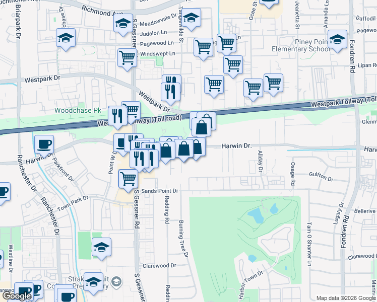 map of restaurants, bars, coffee shops, grocery stores, and more near 9761 Harwin Drive in Houston