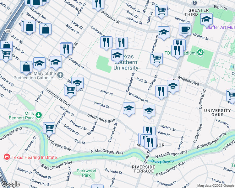 map of restaurants, bars, coffee shops, grocery stores, and more near 3416 Wentworth Street in Houston