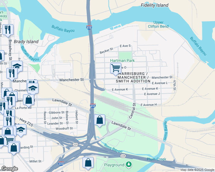 map of restaurants, bars, coffee shops, grocery stores, and more near 9216 Manchester Street in Houston