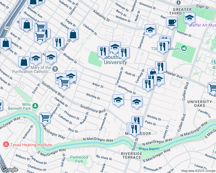 map of restaurants, bars, coffee shops, grocery stores, and more near 3416 Wentworth Street in Houston