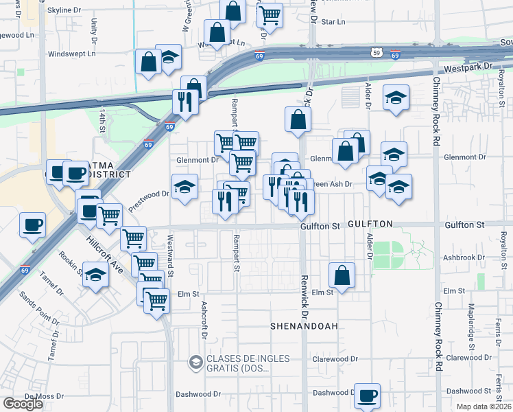 map of restaurants, bars, coffee shops, grocery stores, and more near 5970 Renwick Drive in Houston
