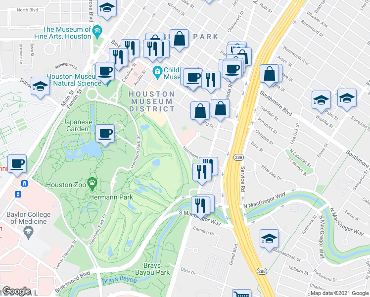map of restaurants, bars, coffee shops, grocery stores, and more near Hermann Drive & Hermann Museum Circle Drive in Houston