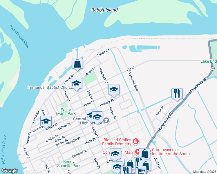 map of restaurants, bars, coffee shops, grocery stores, and more near 2400 Tiger Drive in Morgan City