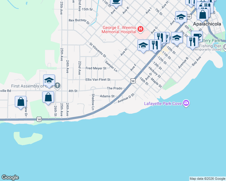 map of restaurants, bars, coffee shops, grocery stores, and more near 237 The Prado in Apalachicola