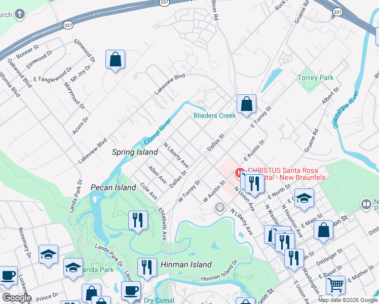 map of restaurants, bars, coffee shops, grocery stores, and more near 959 North Union Avenue in New Braunfels