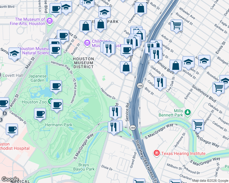 map of restaurants, bars, coffee shops, grocery stores, and more near 3 Hermann Museum Circle Drive in Houston
